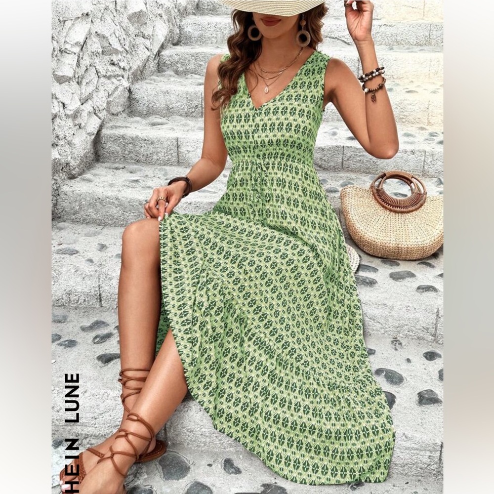 SHEIN LUNE Women Fashionable Printed Sleeveless V-Neck Dress Green 8/10 … - Picture 2 of 12